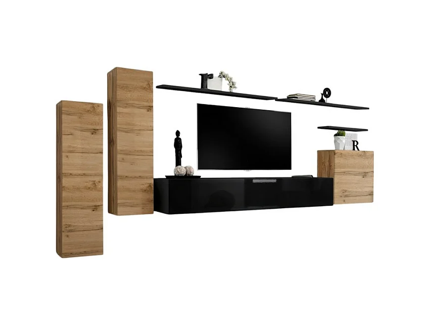 Woonkamermeubelset SWITCH I design, kleur Wotan eiken en glanzend zwart.