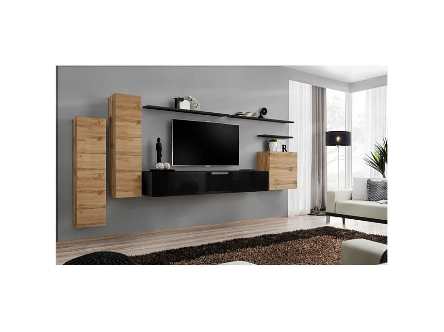 Woonkamermeubelset SWITCH I design, kleur Wotan eiken en glanzend zwart.