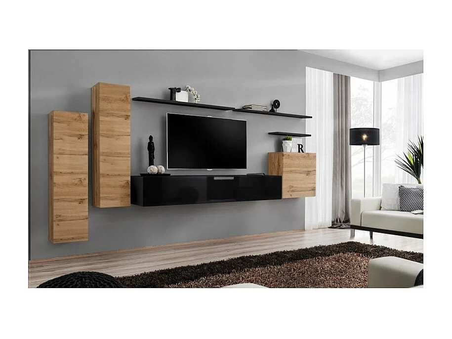 Woonkamermeubelset SWITCH I design, kleur Wotan eiken en glanzend zwart.