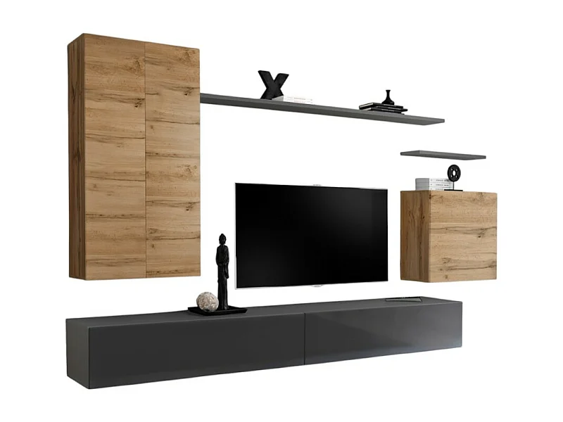 Ensemble meuble salon SWITCH II design, coloris chêne Wotan et gris brillant.