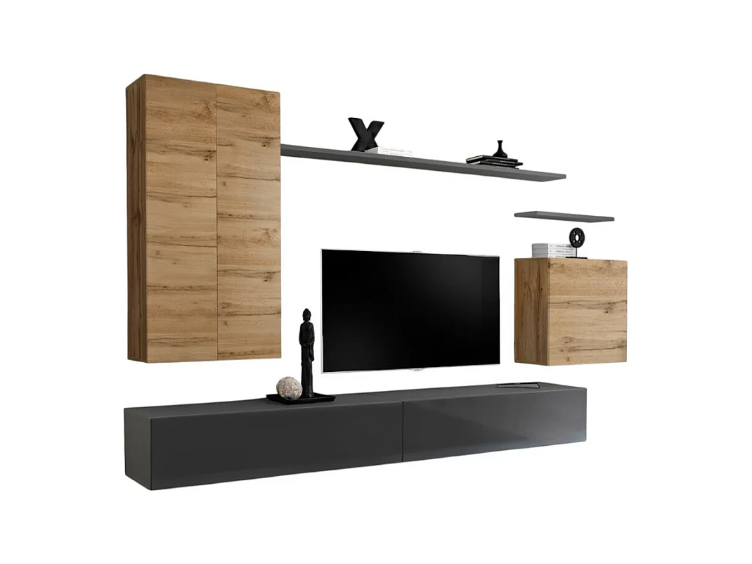 Ensemble meuble salon SWITCH II design, coloris chêne Wotan et gris brillant.