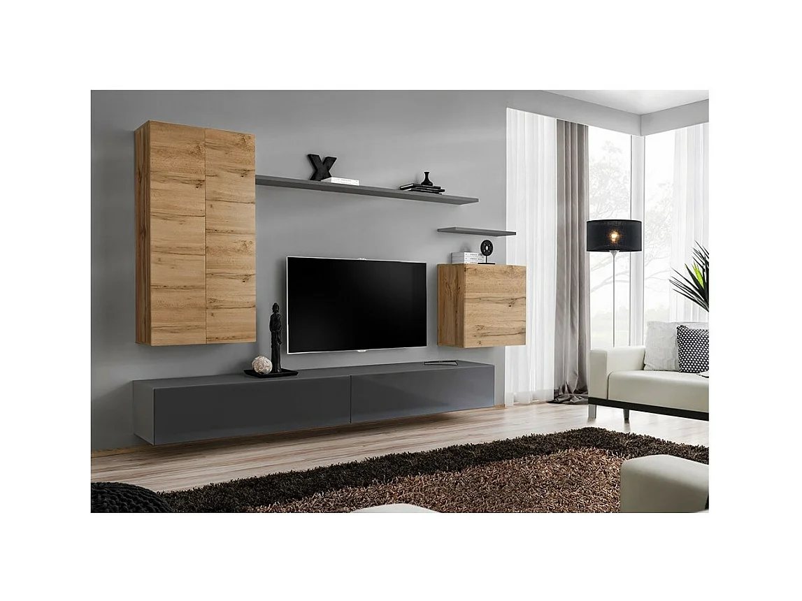 Ensemble meuble salon SWITCH II design, coloris chêne Wotan et gris brillant.