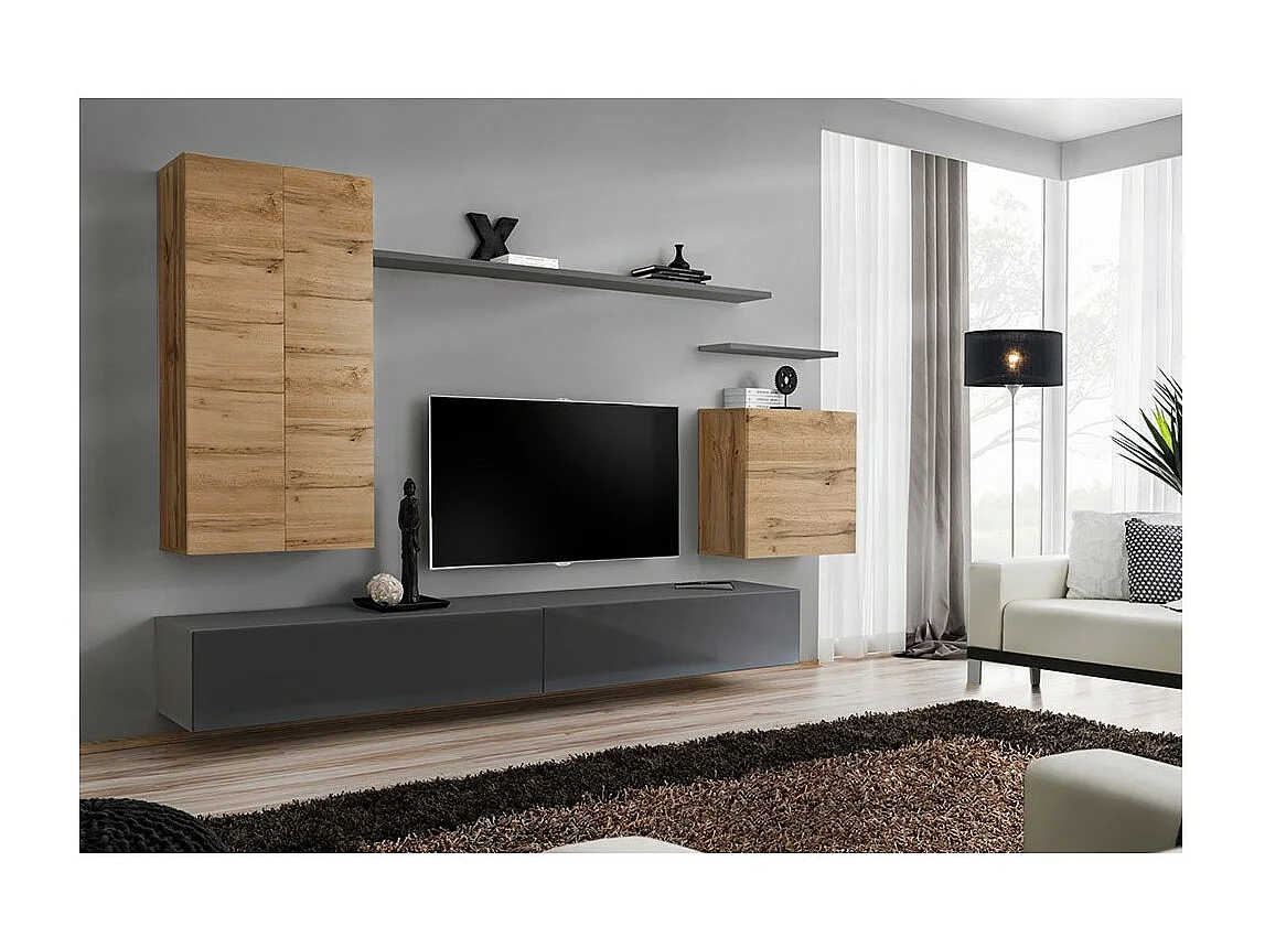 Woonkamerset SWITCH II design, in Wotan eiken en glanzend grijs kleur.