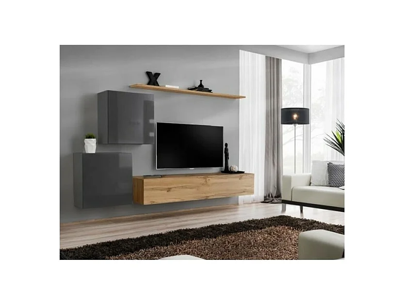 Woonkamermeubelset SWITCH V design, in Wotan eiken en glanzend grijs.