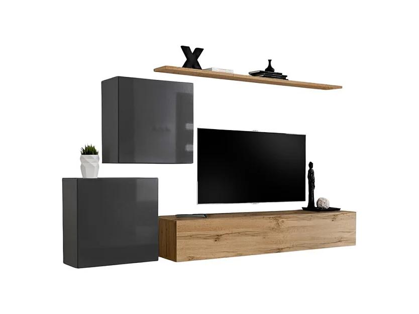 Ensemble meuble salon SWITCH V design, coloris chêne Wotan et gris brillant.