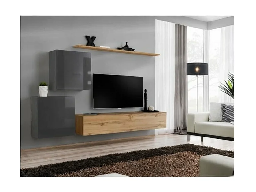 Ensemble meuble salon SWITCH V design, coloris chêne Wotan et gris brillant.