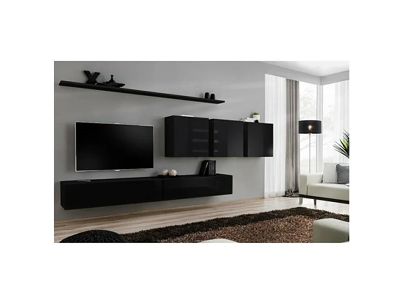 Wohnzimmerwand Möbelset SWITCH VII im Design, glänzend schwarz.