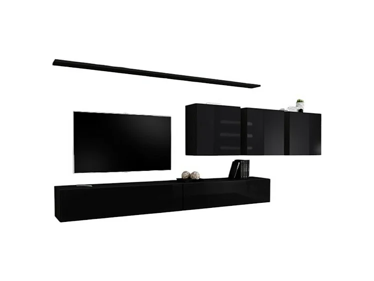 Ensemble meuble salon mural SWITCH VII design, coloris noir brillant.