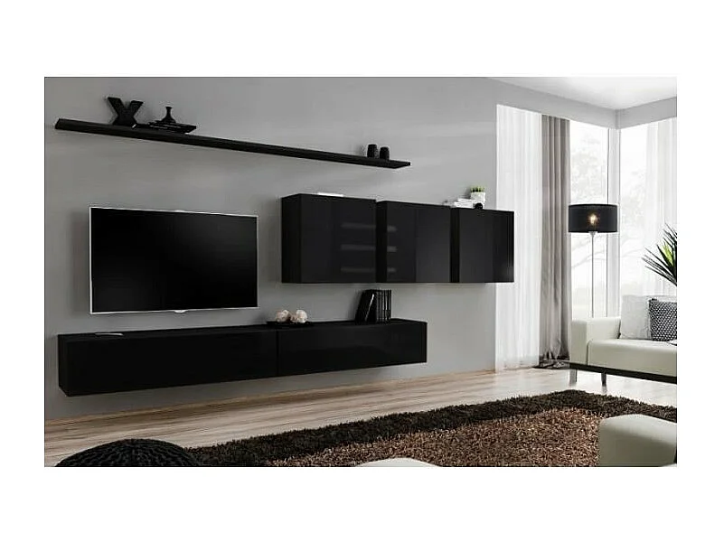 Ensemble meuble salon mural SWITCH VII design, coloris noir brillant.