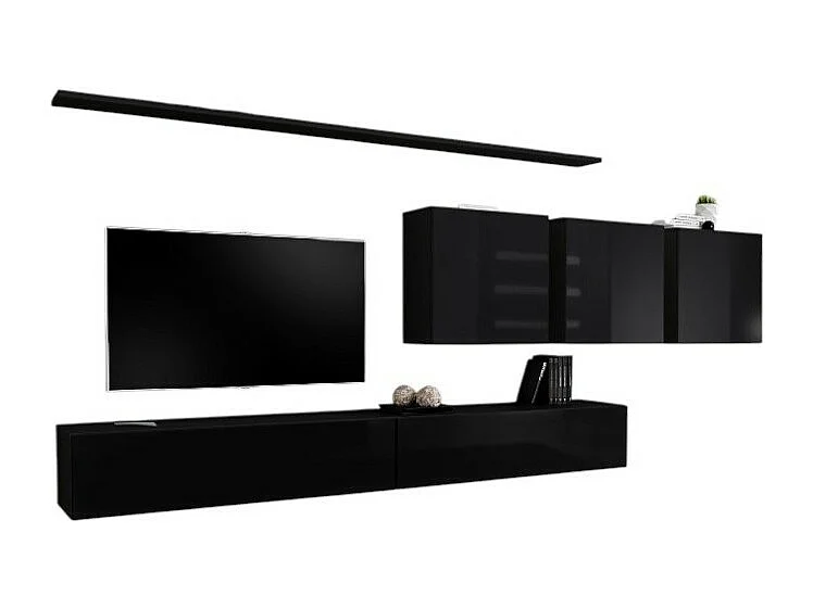 Ensemble meuble salon mural SWITCH VII design, coloris noir brillant.