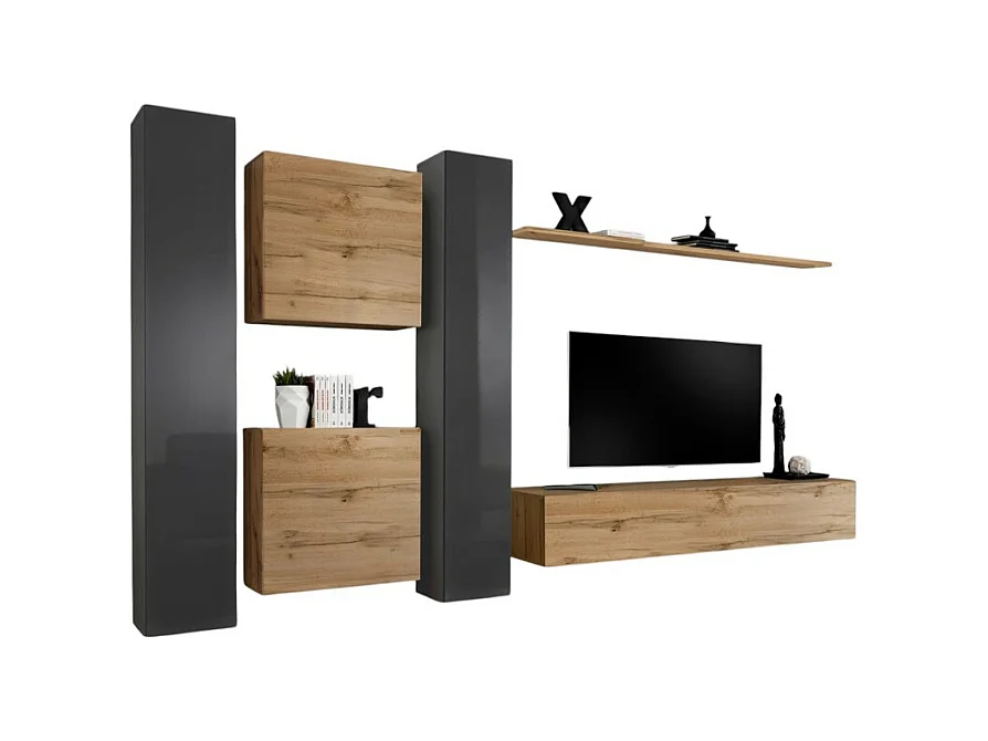 Conjunto de móveis de parede para sala de estar SWITCH VI design, cor carvalho Wotan e cinza brilhante.