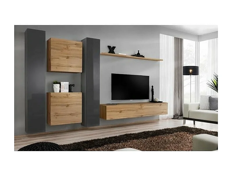 Ensemble meuble salon mural SWITCH VI design, coloris chêne Wotan et gris brillant.