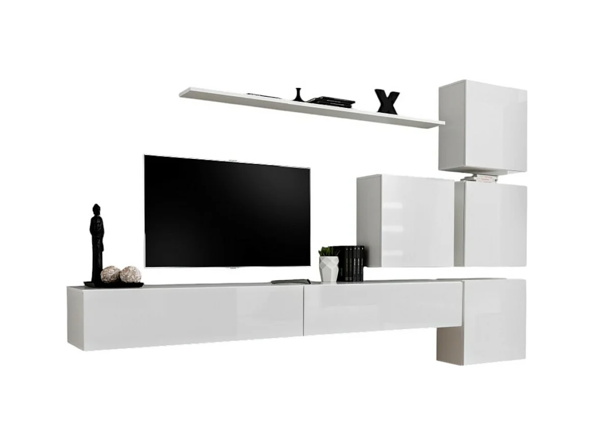 Ensemble meuble salon mural SWITCH IX design, coloris blanc brillant.