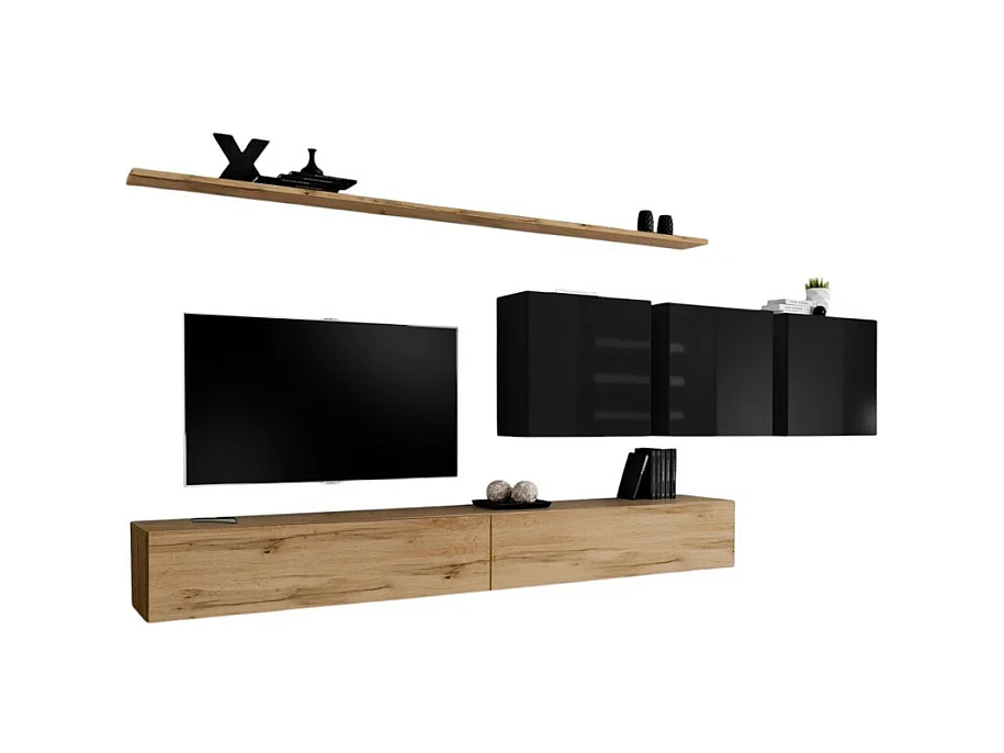 Ensemble meuble salon SWITCH VII design, coloris chêne Wotan et noir brillant.