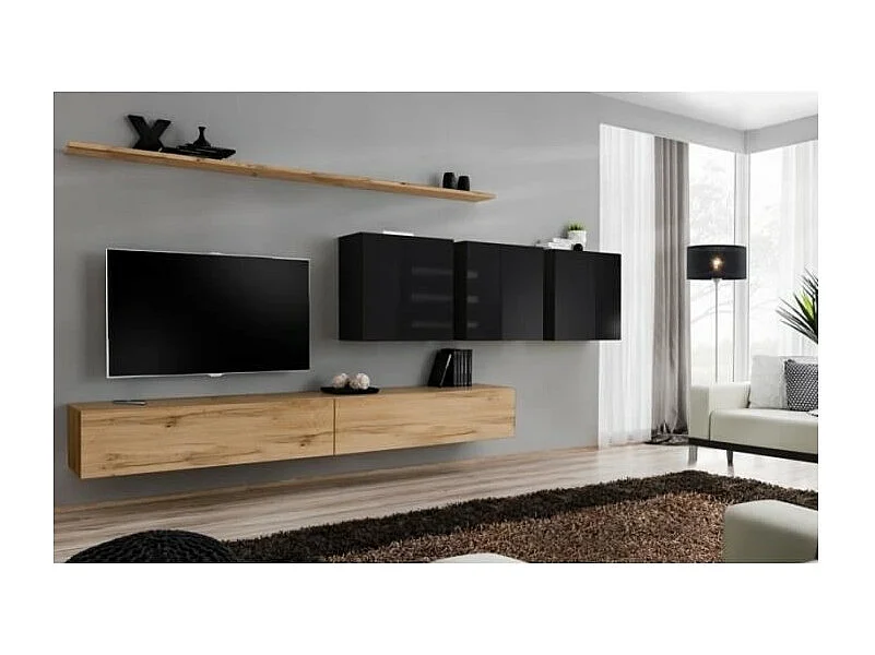 Ensemble meuble salon SWITCH VII design, coloris chêne Wotan et noir brillant.