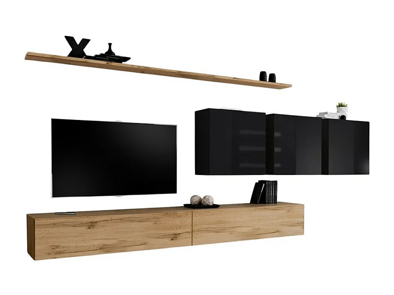 Woonkamer meubelset SWITCH VII design, in Wotan eiken en glanzend zwart kleur.