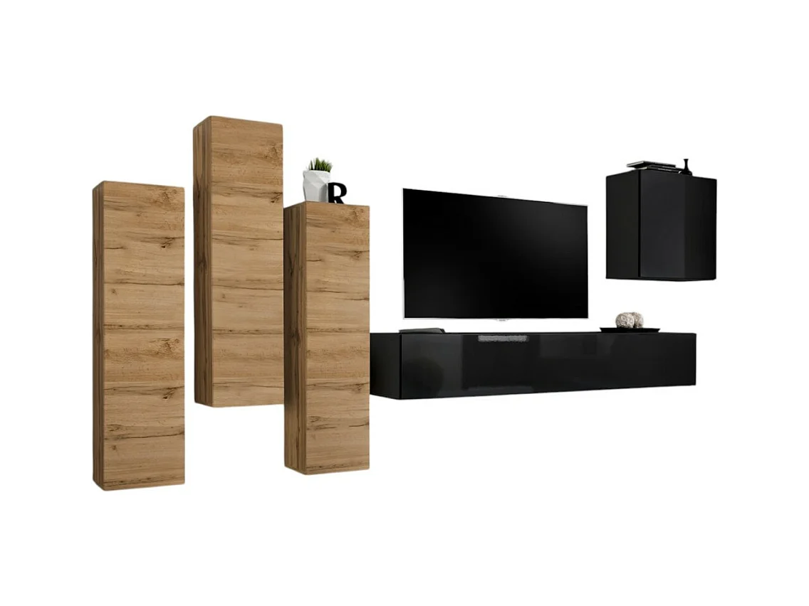 Set di mobili da soggiorno design collezione SWITCH III. Colori quercia wotan e nero lucido.