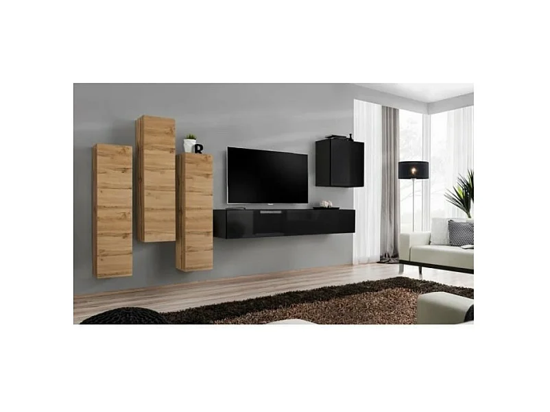 Set di mobili da soggiorno design collezione SWITCH III. Colori quercia wotan e nero lucido.