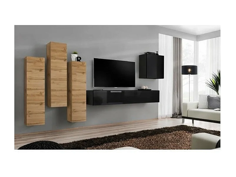 Ensemble de meubles de salon design collection SWITCH III. Coloris chêne wotan et noir brillant.