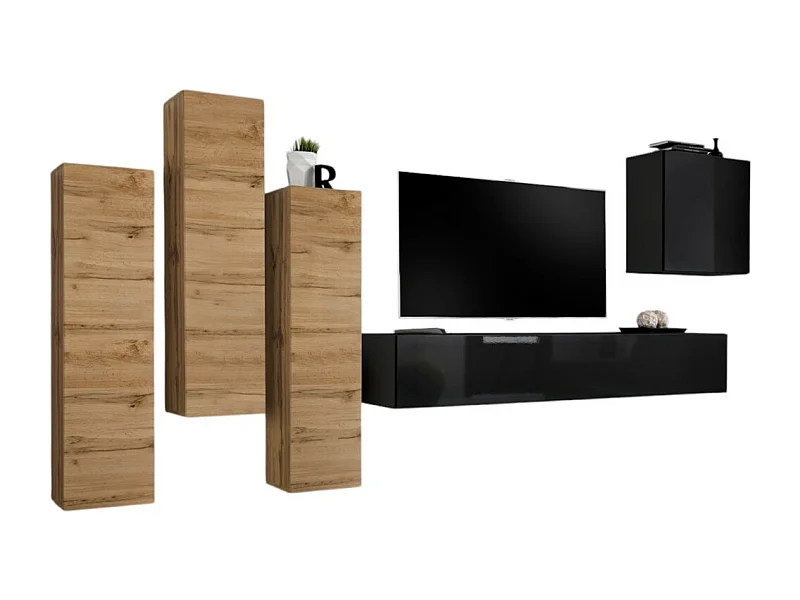 Design woonkamerset collectie SWITCH III. Kleuren eiken wotan en glanzend zwart.