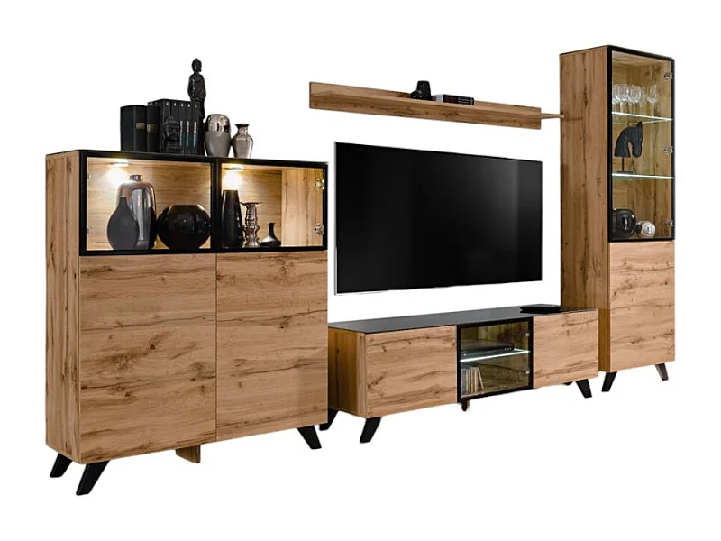 CONJUNTO DE MÓVEIS PARA SALA DE ESTAR TINO composto por três móveis e uma prateleira de estilo industrial.