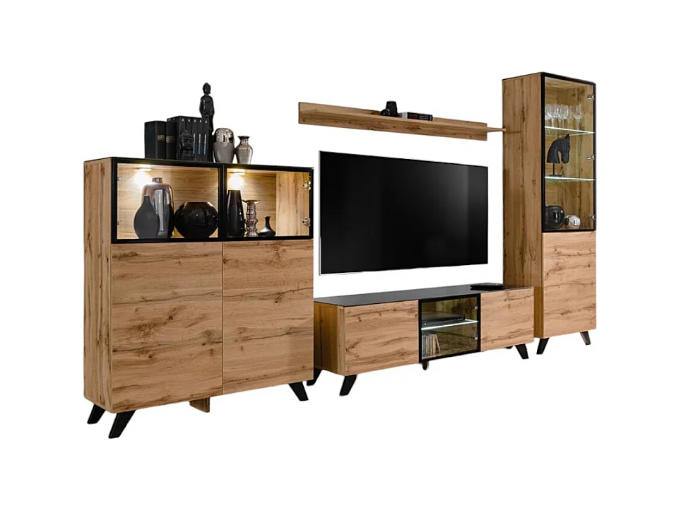 Ensemble meubles de salon TINO composé de quatre meubles et d'une étagère de style industriel.