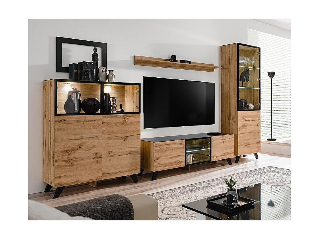 Ensemble meubles de salon TINO composé de quatre meubles et d'une étagère de style industriel.