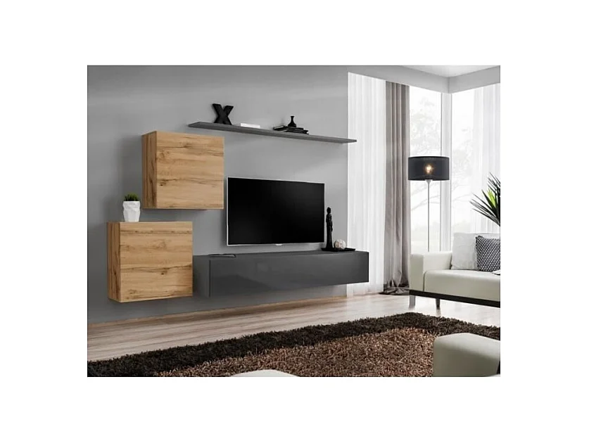 Wohnzimmermöbelset SWITCH V Design, in glänzendem Grau und Wotan-Eiche.