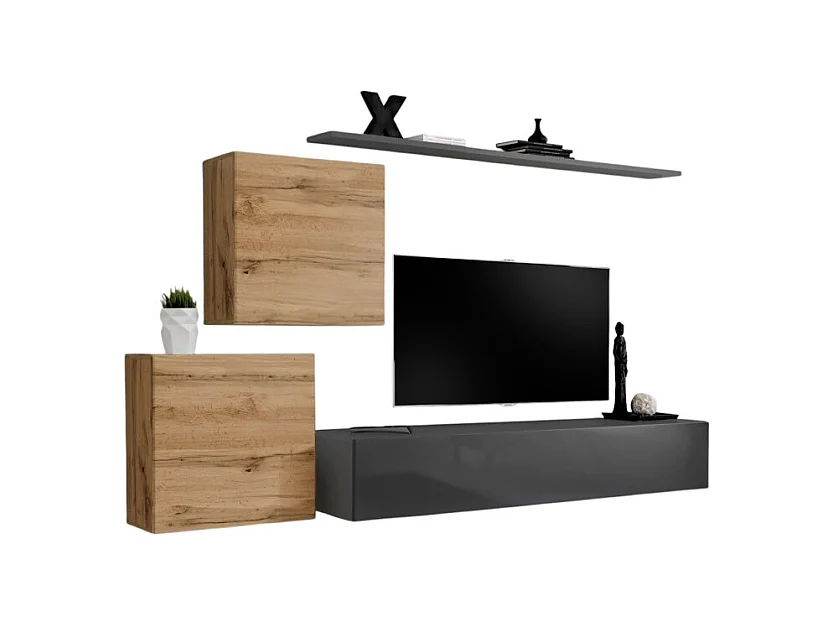 Ensemble meuble salon SWITCH V design, coloris gris brillant et chêne Wotan.