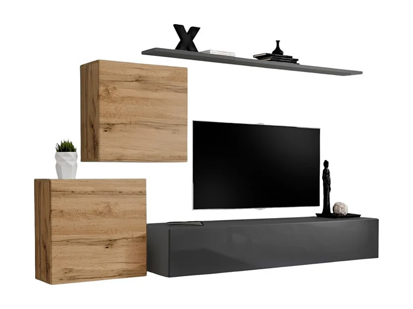 Ensemble meuble salon SWITCH V design, coloris gris brillant et chêne Wotan.