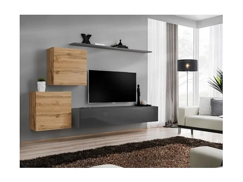 Ensemble meuble salon SWITCH V design, coloris gris brillant et chêne Wotan.