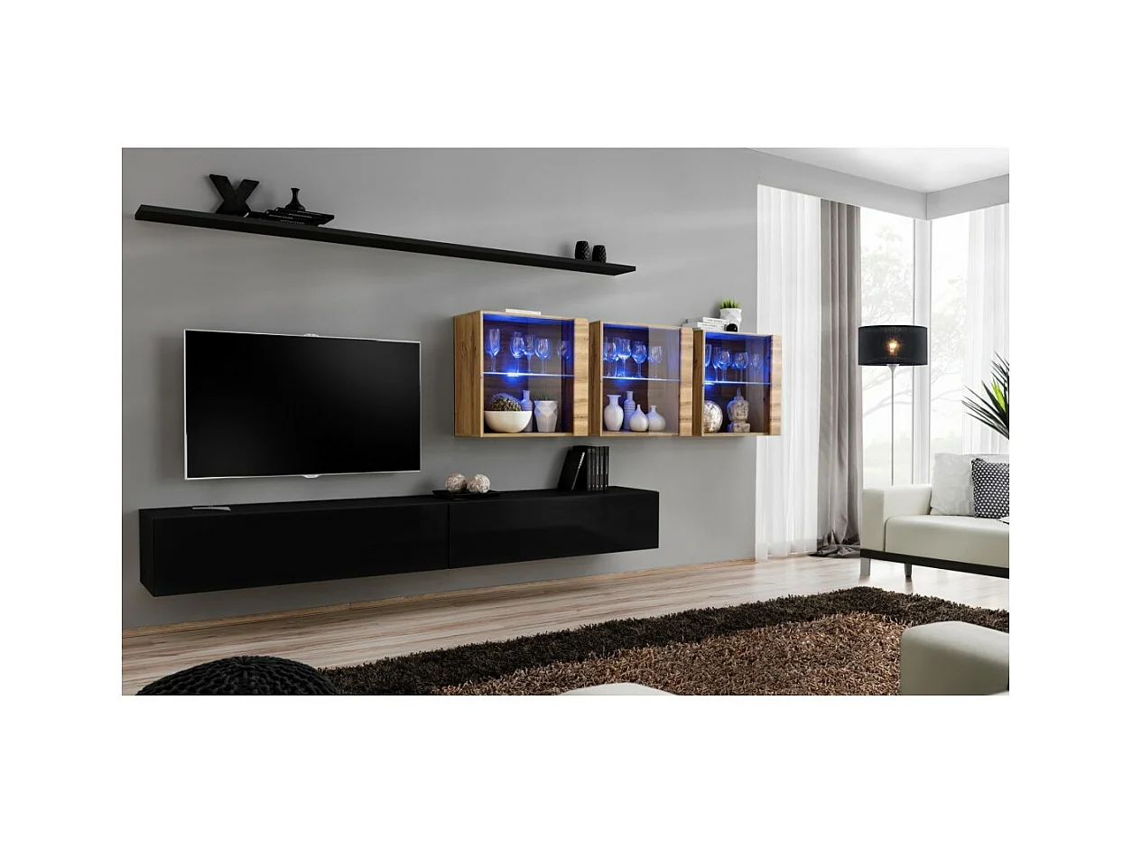Wohnzimmer-Wandmöbel-Set SWITCH XVII Design, in glänzendem Schwarz und Wotan-Eiche.