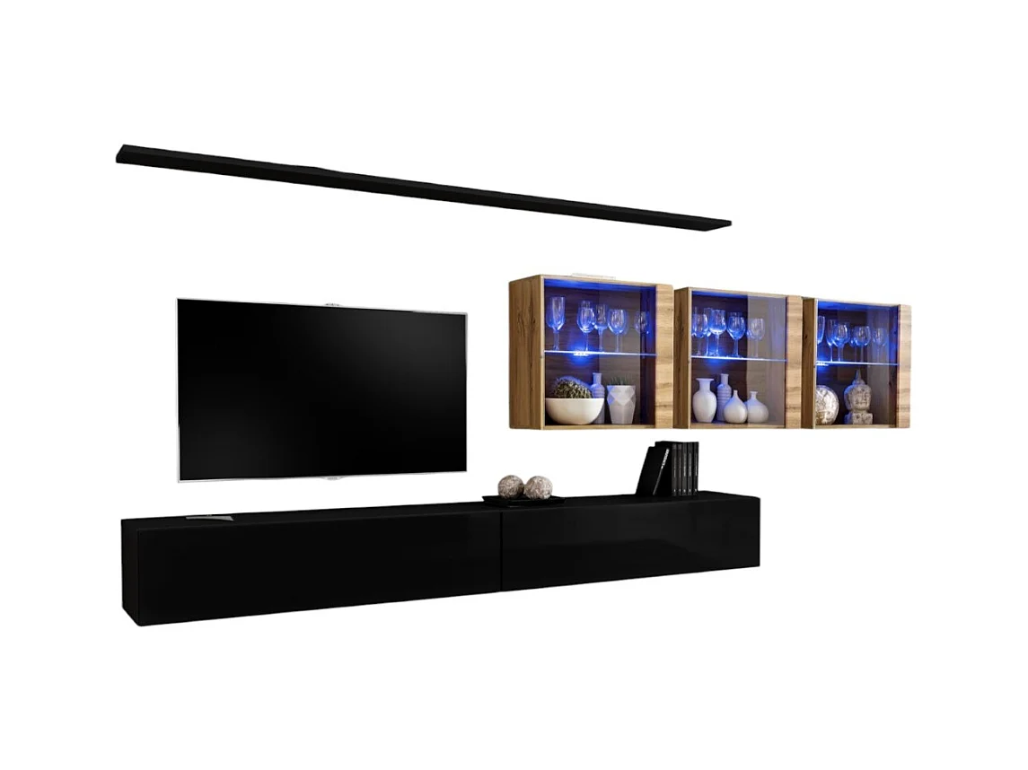 Ensemble meuble salon mural SWITCH XVII design, coloris noir brillant et chêne Wotan.