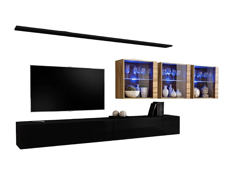 Ensemble meuble salon mural SWITCH XVII design, coloris noir brillant et chêne Wotan.