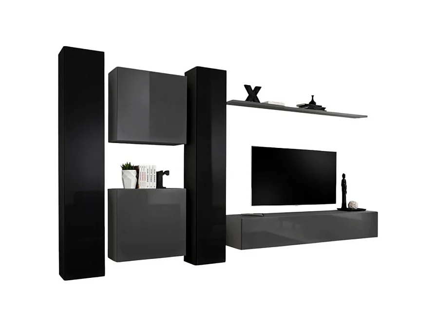 Wandmeubelset voor de woonkamer SWITCH VI design, in glanzend grijs en zwart.