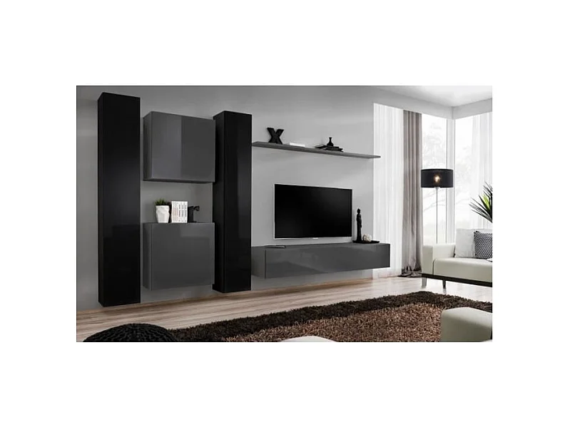 Wandmeubelset voor de woonkamer SWITCH VI design, in glanzend grijs en zwart.