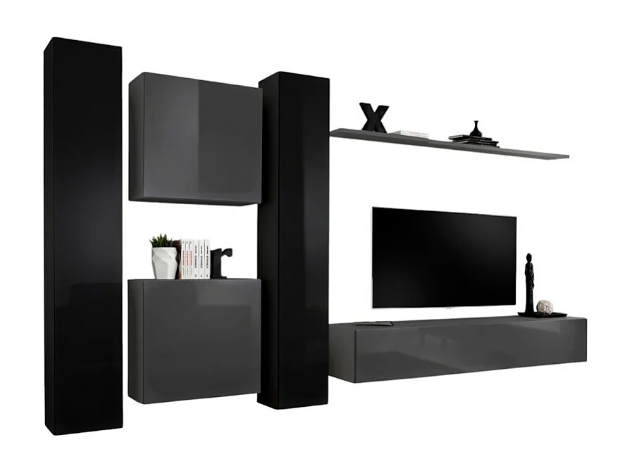 Wandmeubelset voor de woonkamer SWITCH VI design, in glanzend grijs en zwart.