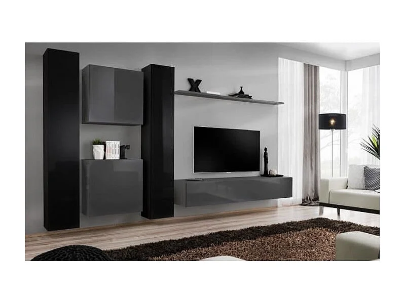 Wandmeubelset voor de woonkamer SWITCH VI design, in glanzend grijs en zwart.