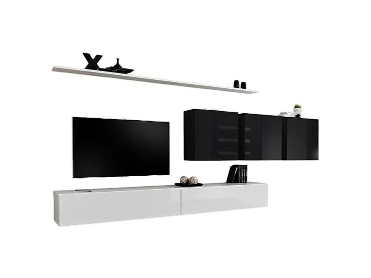 Ensemble meuble salon SWITCH VII design, coloris blanc et noir brillant.
