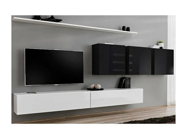 Ensemble meuble salon SWITCH VII design, coloris blanc et noir brillant.