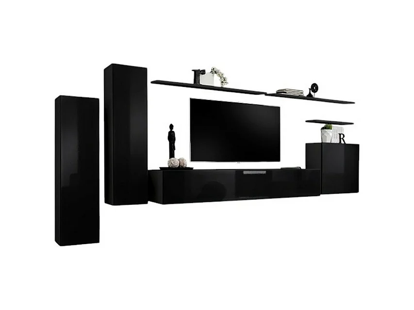Wohnzimmermöbel-Set SWITCH I – Modernes Design – Hochglanz Schwarz – Fernsehmöbel und hängende Aufbewahrungen
