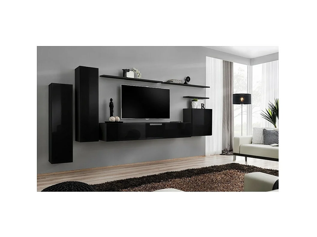 Wohnzimmermöbel-Set SWITCH I – Modernes Design – Hochglanz Schwarz – Fernsehmöbel und hängende Aufbewahrungen
