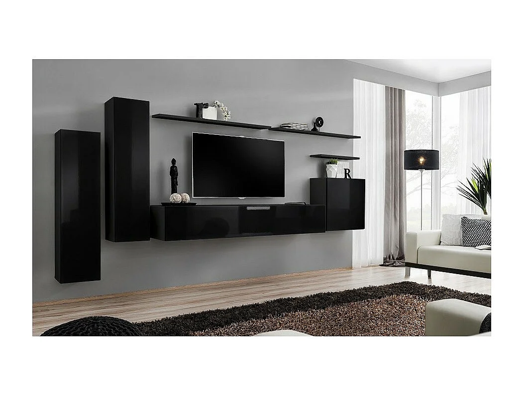 Woonkamerset SWITCH I – Modern Design – Glanzend Zwart – TV-meubel en hangende opbergkasten