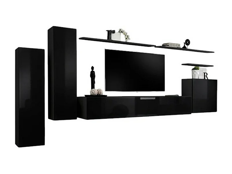 Woonkamerset SWITCH I – Modern Design – Glanzend Zwart – TV-meubel en hangende opbergkasten