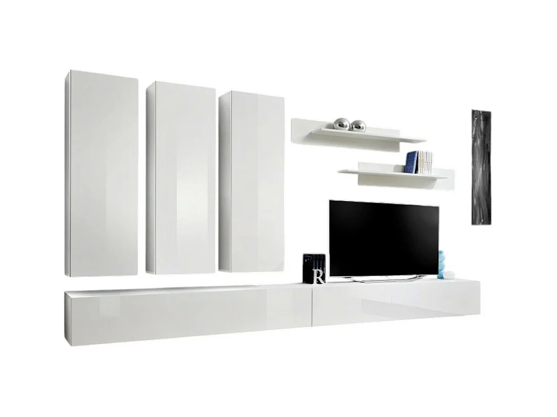 Mueble de TV FLY E1 de diseño, color blanco brillante. Mueble colgante moderno y de tendencia para tu sala de estar.