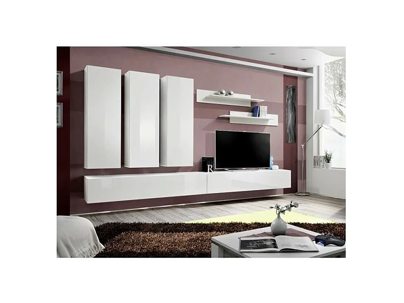 Mueble de TV FLY E1 de diseño, color blanco brillante. Mueble colgante moderno y de tendencia para tu sala de estar.