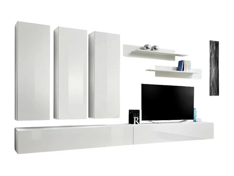 Meuble TV FLY E1 design, coloris blanc brillant. Meuble suspendu moderne et tendance pour votre salon.