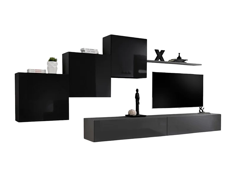 Wohnzimmerwand-Set SWITCH X im Designerstil, in glänzendem Grau und Schwarz.