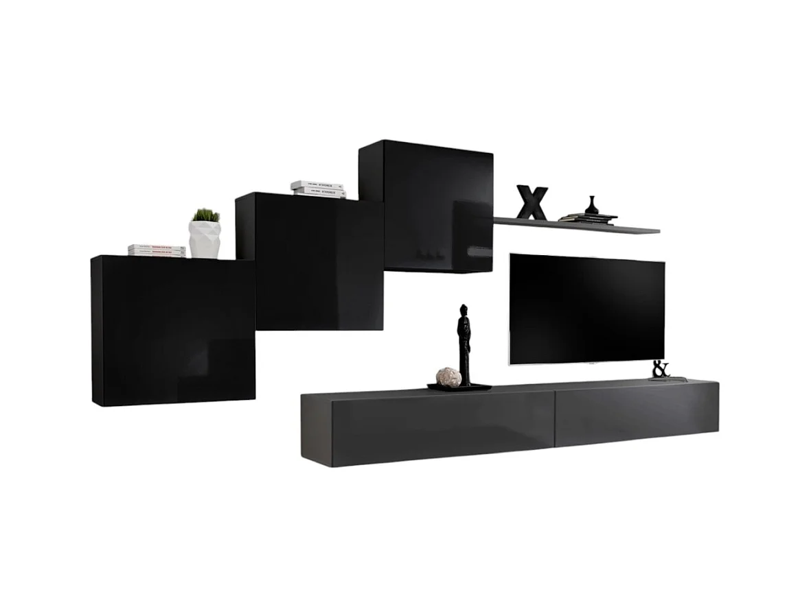 Wohnzimmerwand-Set SWITCH X im Designerstil, in glänzendem Grau und Schwarz.