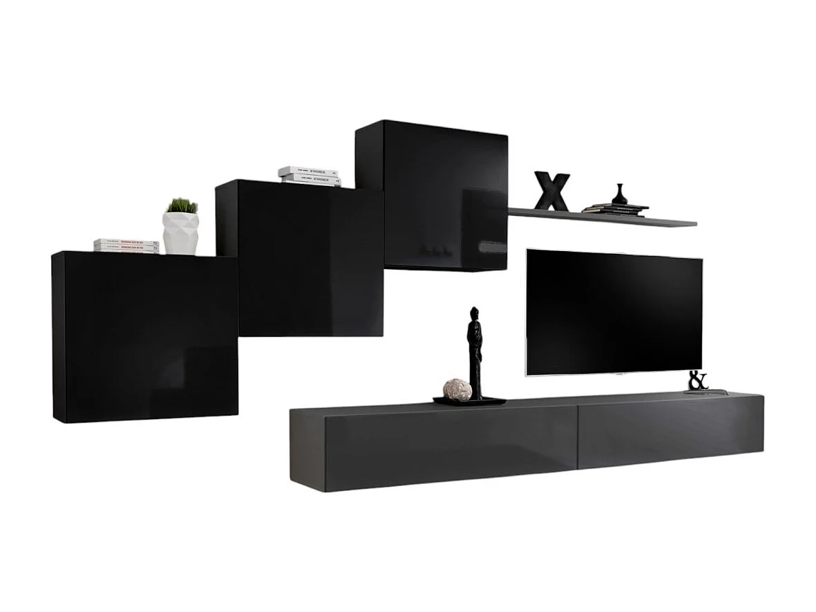 Wandmeubelset voor de woonkamer SWITCH X design, in glanzend grijs en zwart.